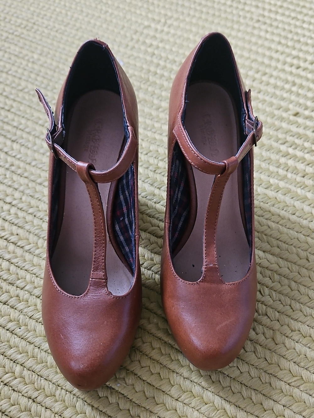 Crown Vintage T-Strap Chunky Heels  in Cognac Brown